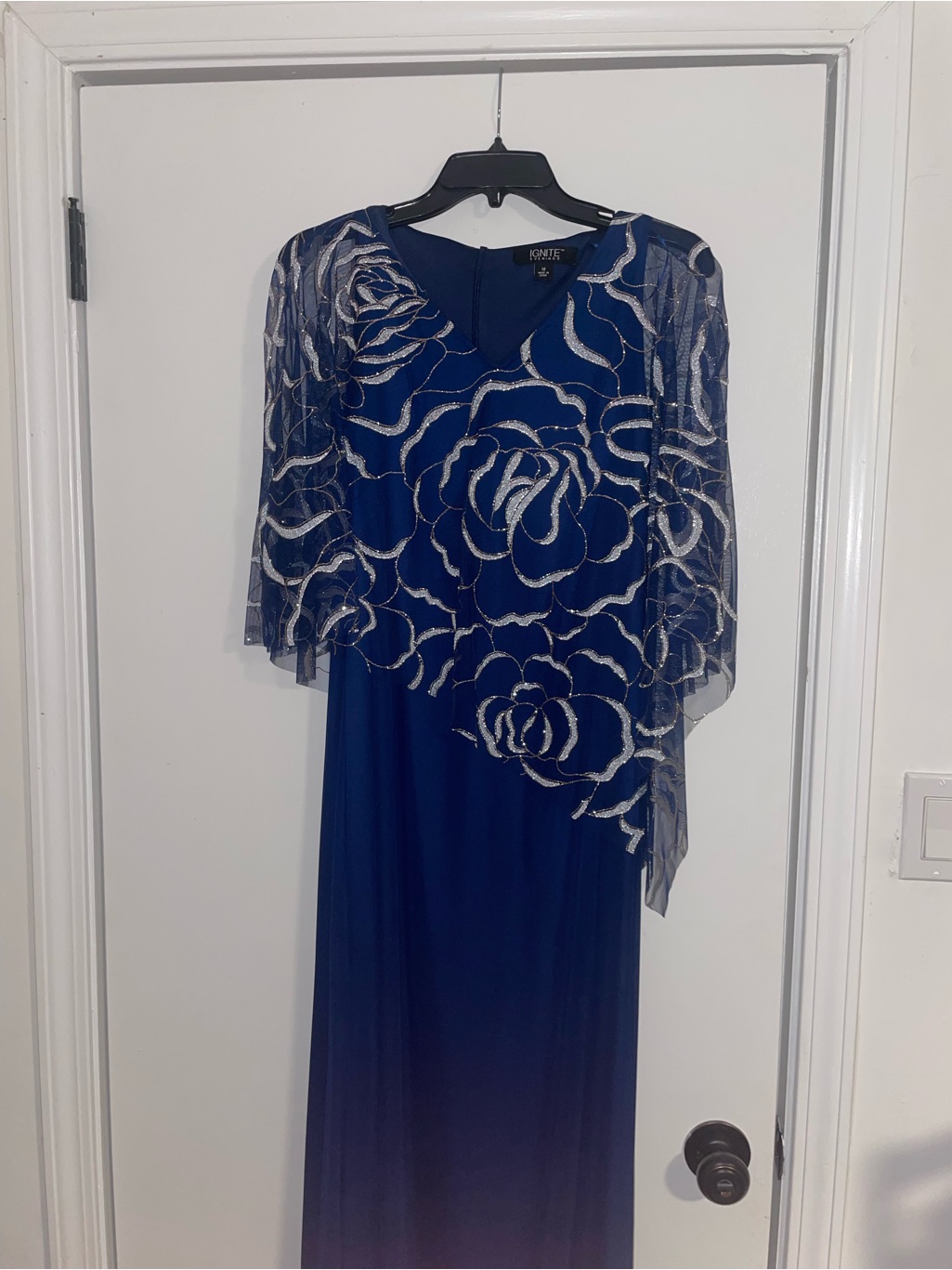 Knit-Tek Navy Blue Maxi Dress With Silver Floral Overlay